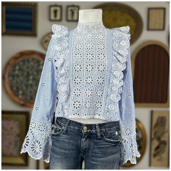 Sea Exploded New York Exploded Eyelet Ruffle Top Retail $ 345 Blue White - Picture 6 of 16